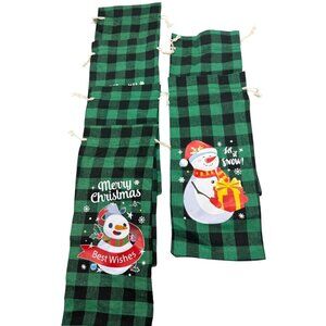 Set Of 6 Christmas Drawstring Wine Gift Bags Green Buffalo Plaid Snowman READ